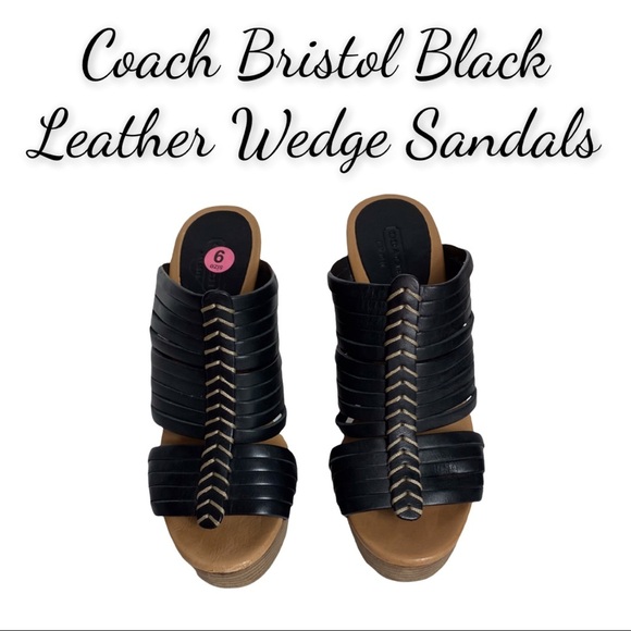 Coach Bristol Black Leather Wedge Sandals - Picture 1 of 16
